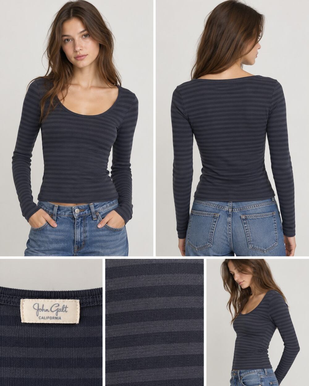 John Galt California Top S Navy Striped Long Sleeve Scoop Neck Made Italy Cotton